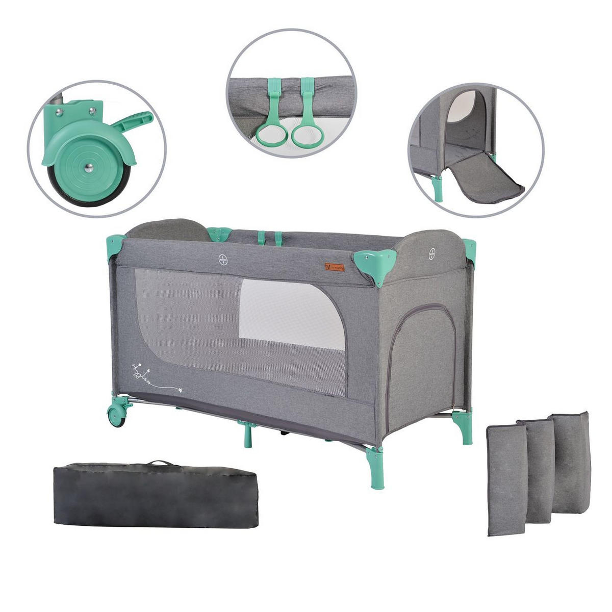 REISEBETT LAUFSTALL Skyglow grün 2 Räder mit Bremsen Matratze Seiteneingang - Grün, Kunststoff (60/120cm) - Cangaroo