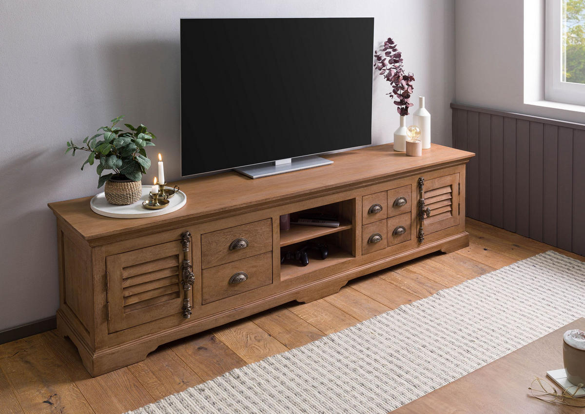 TV-BOARD Mango 220x45x55 beige geölt TOULOUSE #09 - Beige, Holz (220/55/45cm) - Massivmoebel24