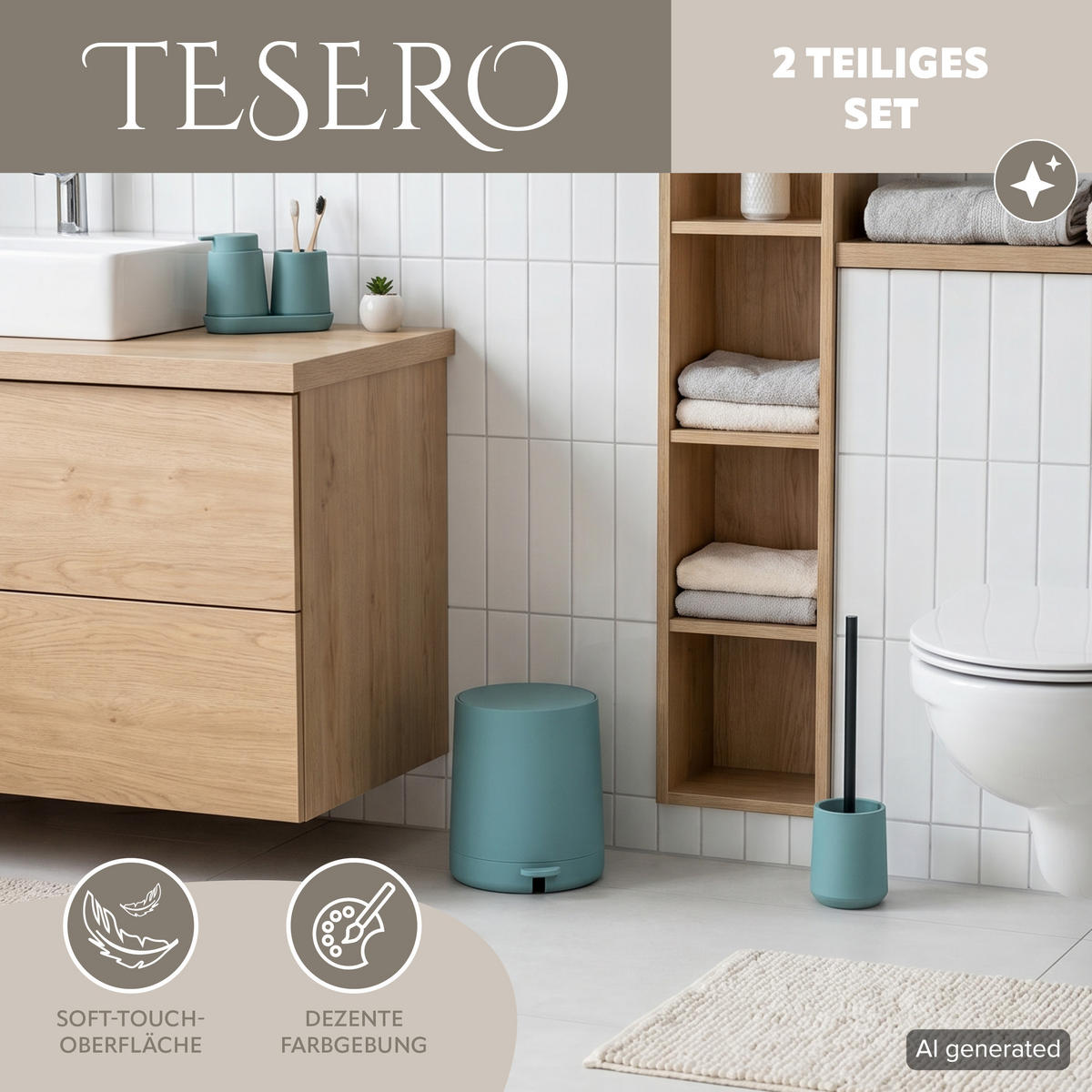 BAD-ACCESSOIRES-SET TESERO, Soft-Touch, hellblau - Hellblau, Kunststoff (22.5/25.5/25cm) - eluno