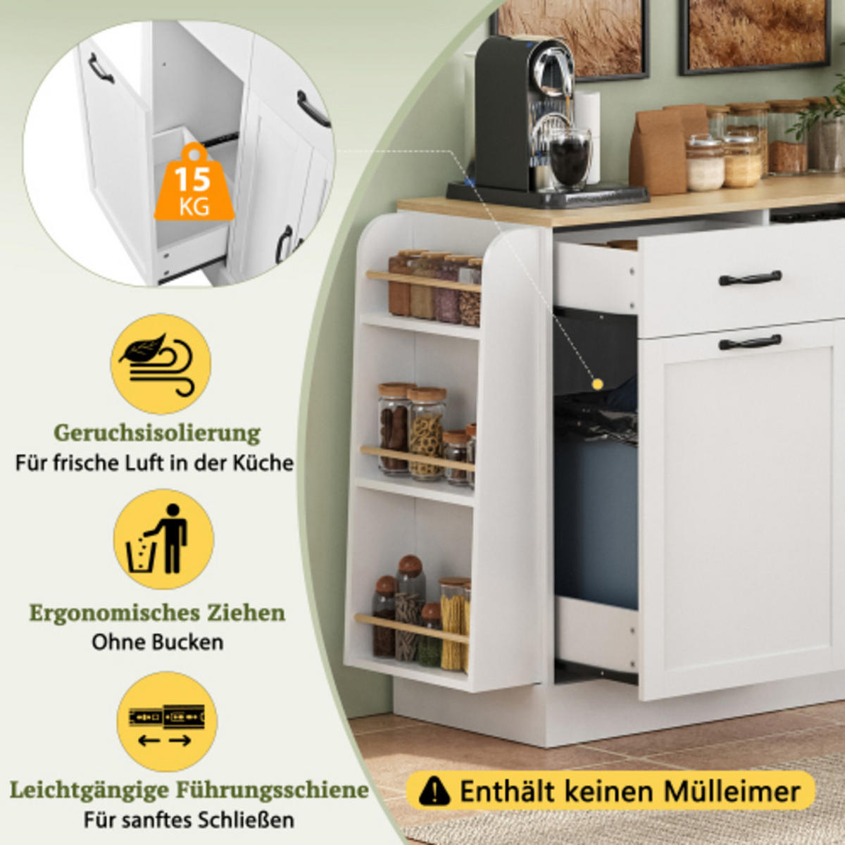 KÜCHENINSEL 133,5×40×86 cm aus MDF mit hellholzfarbener Platte & integriertem Mülleimerfach, weiß - Weiß, Holzwerkstoff (133.5/86/40cm) - Luhomfu