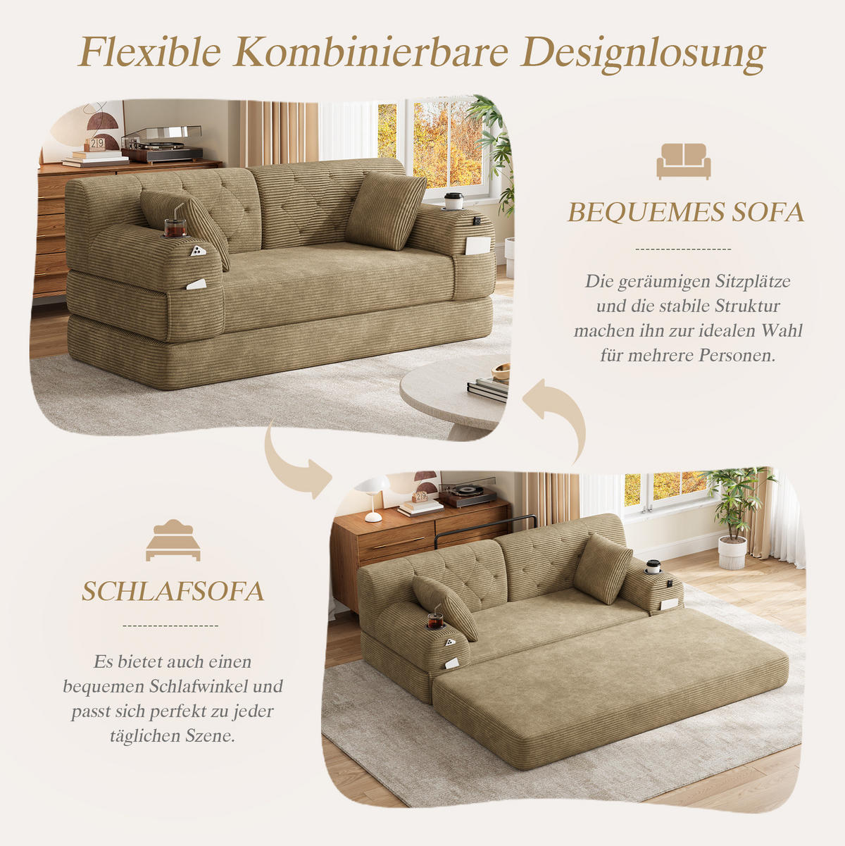 SCHLAFSOFA mit hoher Rückenlehne 168 x 80 x 81 cm Cord Khaki - Braun, Kunststoff (80/81/168cm) - Meubliv