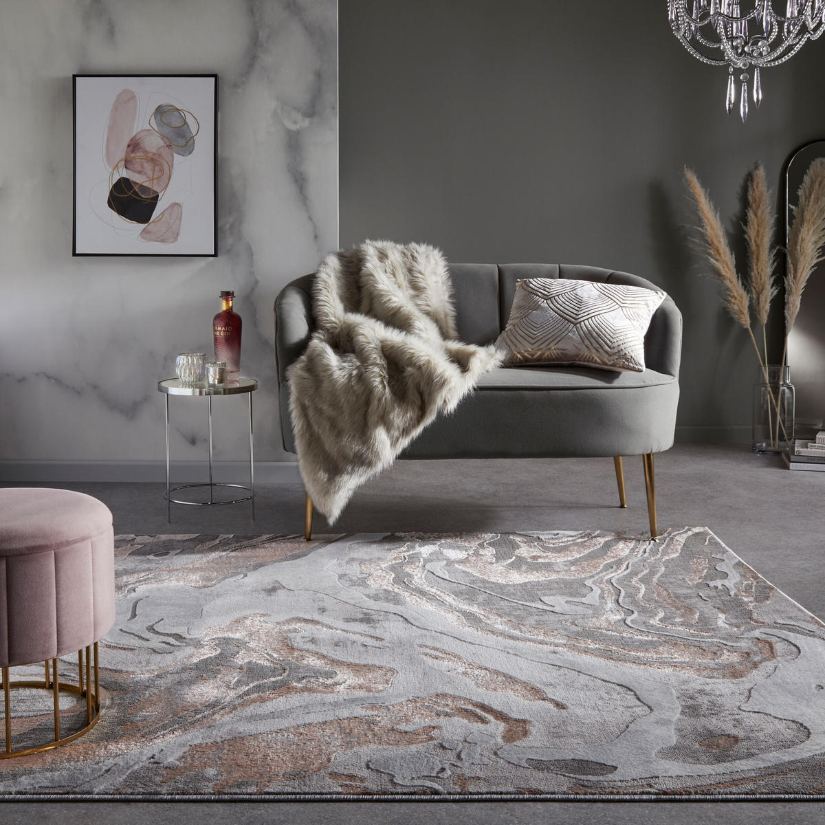 TEPPICH Marmor-Design, metallisch OUSE JOY, Rosa-Grau 160x230 cm - Rosa, Textil (160/230cm) - KADIMA DESIGN