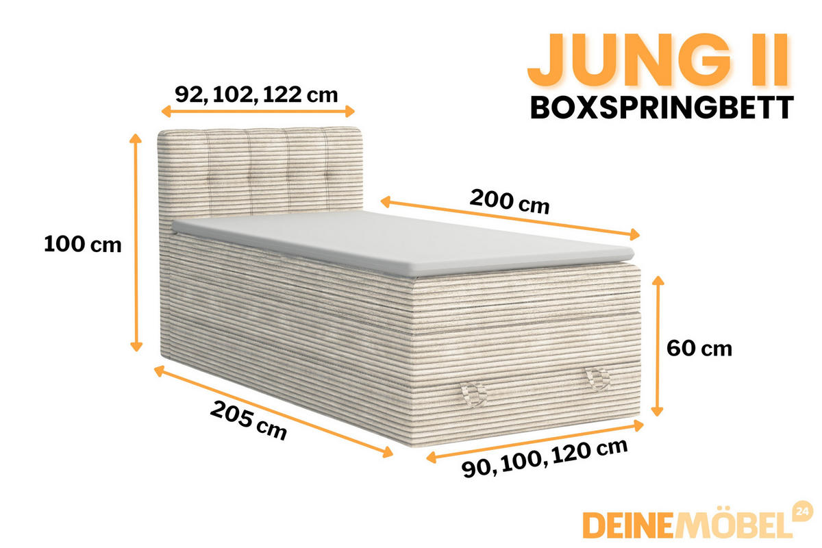 BOXSPRINGBETT JUNG 2 100/200 Cord Ecru mit Matratzen H3 + H4 - Ecru, Holz/Holzwerkstoff (100/200cm) - Deine Möbel 24