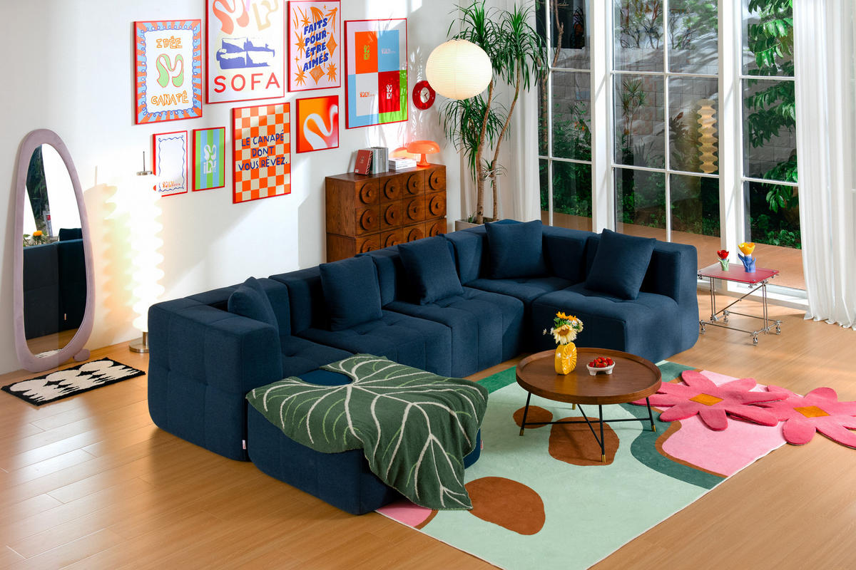 VEĽKÁ modulárna sedacia súprava bouclé tkanina tmavomodrá - modrá, textil (340/73/190cm) - MILYsofa