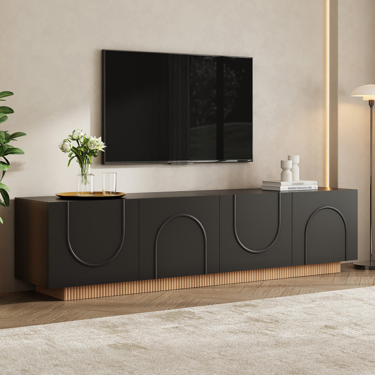 TV-LOWBOARD 170 x 38 x 42 cm, 4 Türen, 3D-Relieffront, Kabelmanagement, Schwarz - Schwarz, Holzwerkstoff (170/42/38cm)