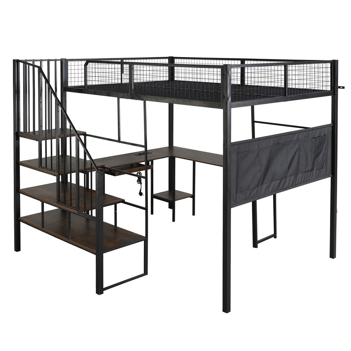 HOCHBETT aus Metall und Holz 140x200 cm Schwarz/Vintage mit Eckschreibtisch, Treppe und Ladeanschluss - Schwarz, Metall (140/200cm) - Modfu