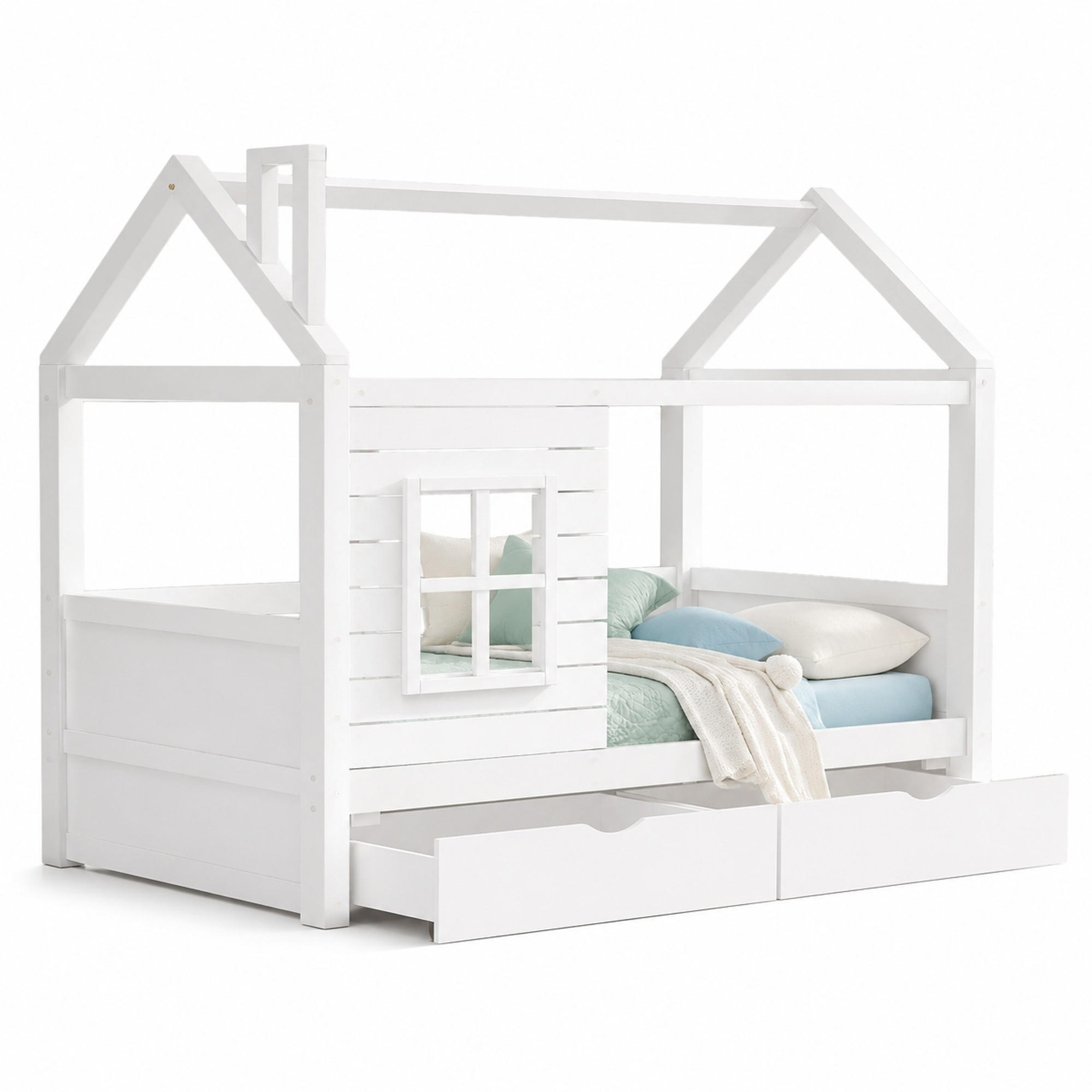 KINDERBETT 90/200 mit Rausfallschutz, 2 Bettkästen und Fenster in Weiß - Weiß, Holzwerkstoff (90/200cm) - EVRYAE