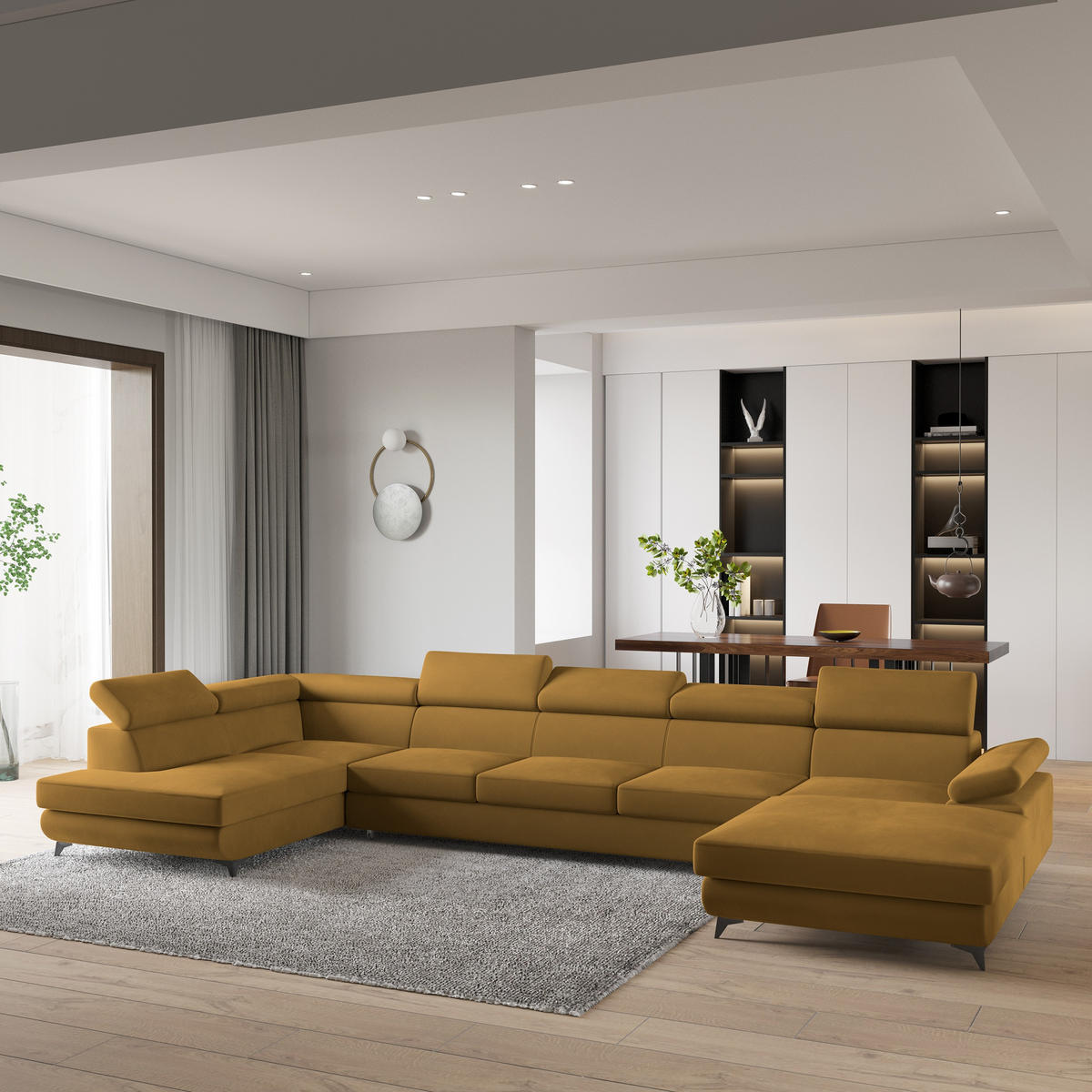 WOHNLANDSCHAFT MONTIVA Gelb Velours-Stoff mit Schlaffunktion - Gelb, Holz (410/89/190cm) - MASSENO