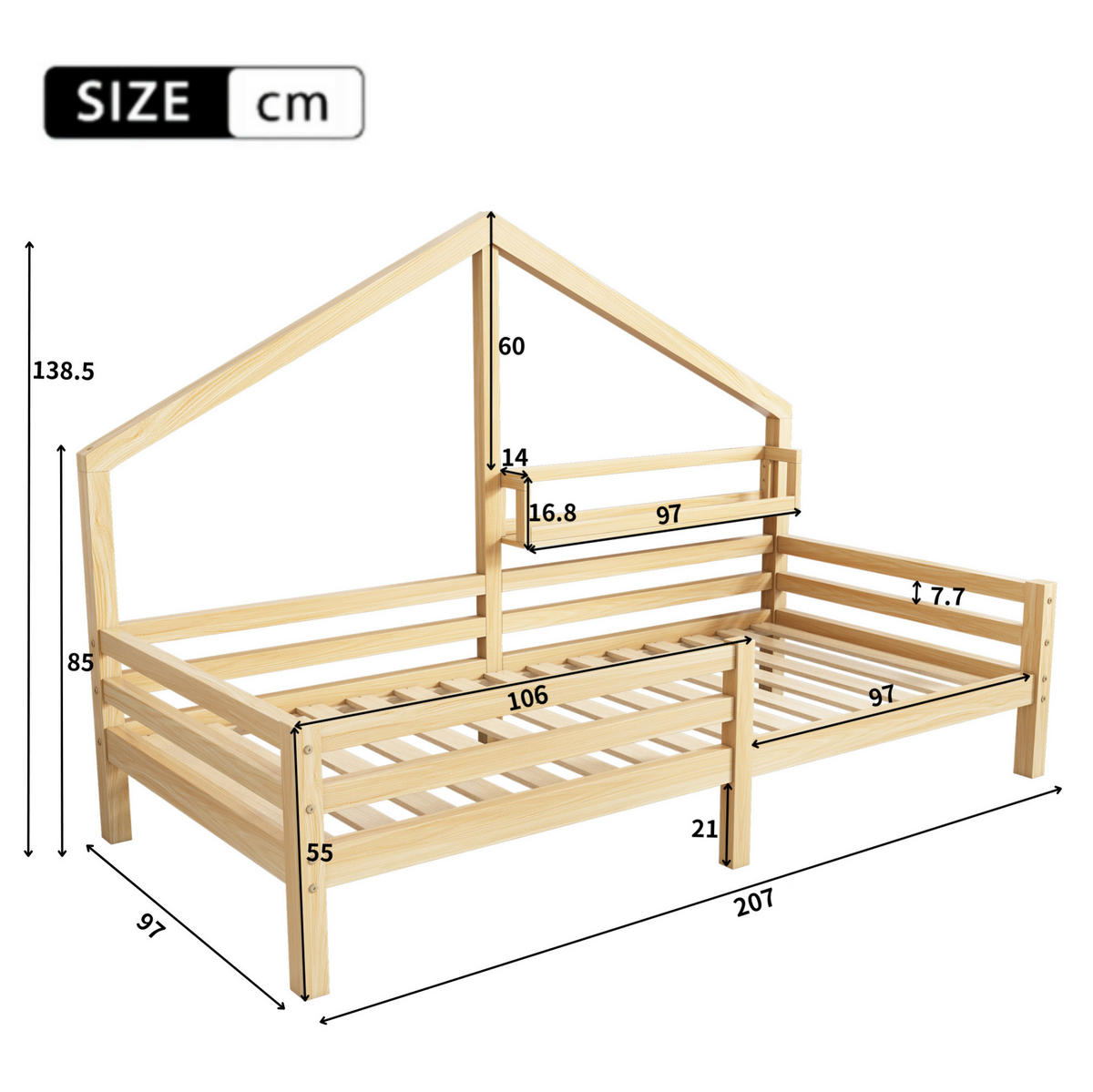 HAUSBETT 90/200 cm Natur Kiefernholz mit Ablageregal skandinavischer Stil - Naturfarben, Holzwerkstoff (90/200cm) - OKWISH