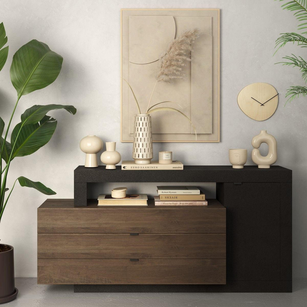 SIDEBOARD 1 Tür und 3 Schubladen Journey - L160 cm - Schwarz, Holzwerkstoff (42/82/160cm) - Calicosy