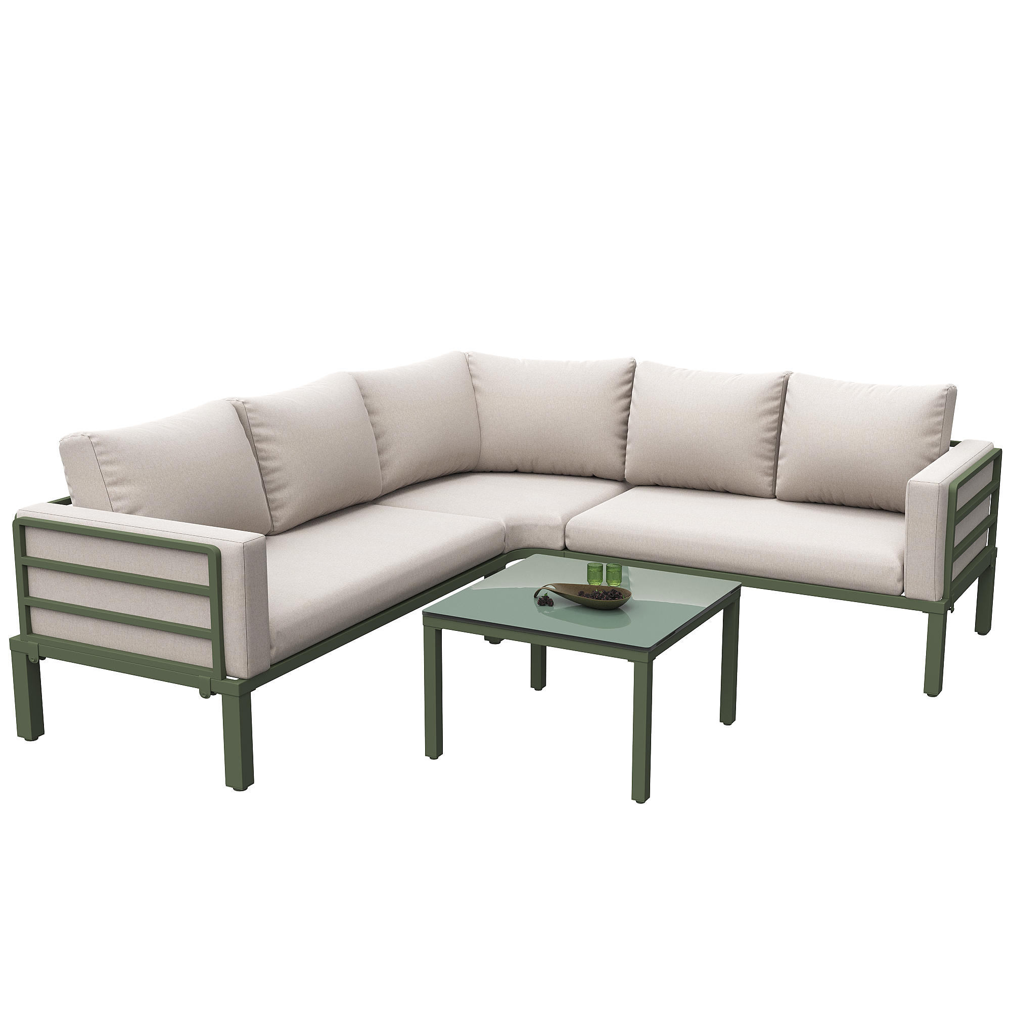 GARTENMÖBEL-SET 114/60/70,5 cm beige aus Eisen mit Glastisch und 10 cm Kissen - Beige, Metall - OKWISH