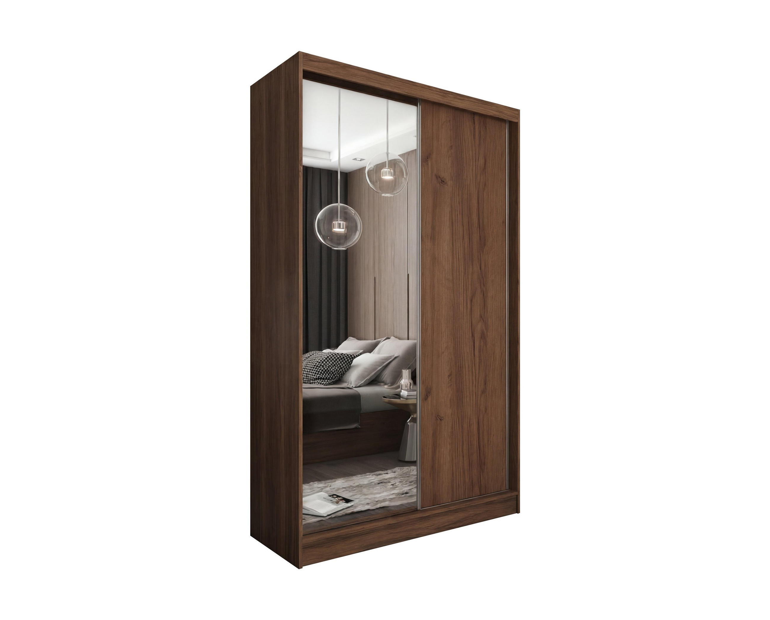 SCHWEBETÜRENSCHRANK PATRIZIA 120/216/61 cm Modern Kleiderschrank 2-türig mit Spiegel Nussbaumfarben - Nussbaumfarben, Holzwerkstoff (120/216/61cm) - MASSENO