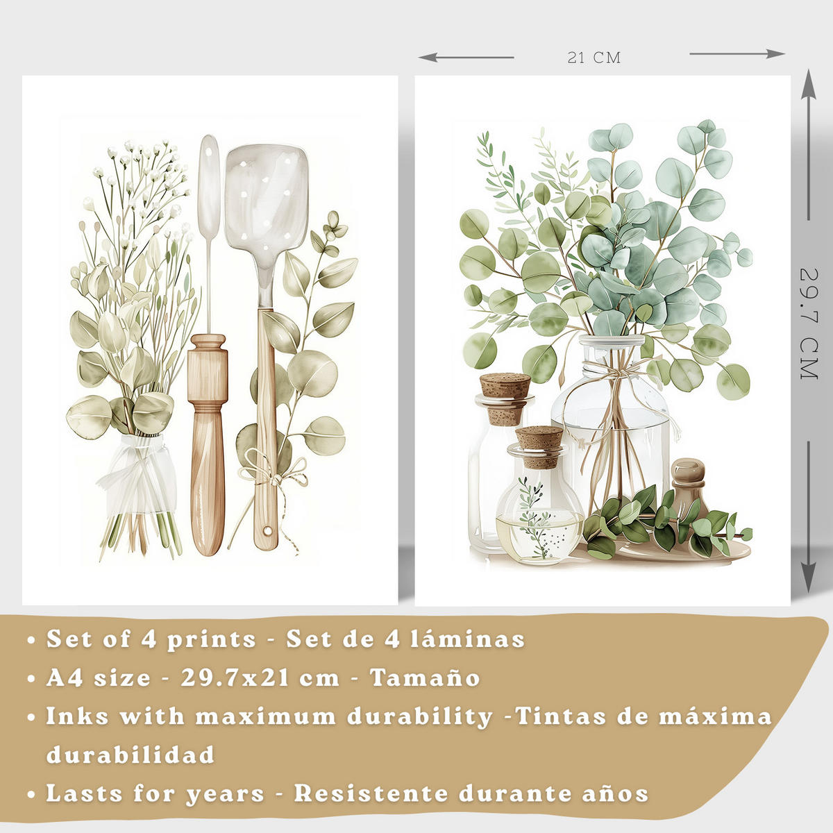 PLAKAT Sada 4 dekorativních nástěnných tisků, Botanická kuchyně. Bohémský venkovský styl. Rustikální kuchyně. Zelené rostliny. Velikost Bílý rám A4 - bílá, papír (21/29.7/3cm) - Nacnic