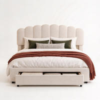POLSTERBETT 140x200 cm mit Stauraum, Doppelbett mit Schubladen, USB und Typ-C, Lattenrost, verstellbares Kopfteil, Teddy-Fleece Beige - Beige, Holz/Metall (140/200cm) - GENKI LIVING