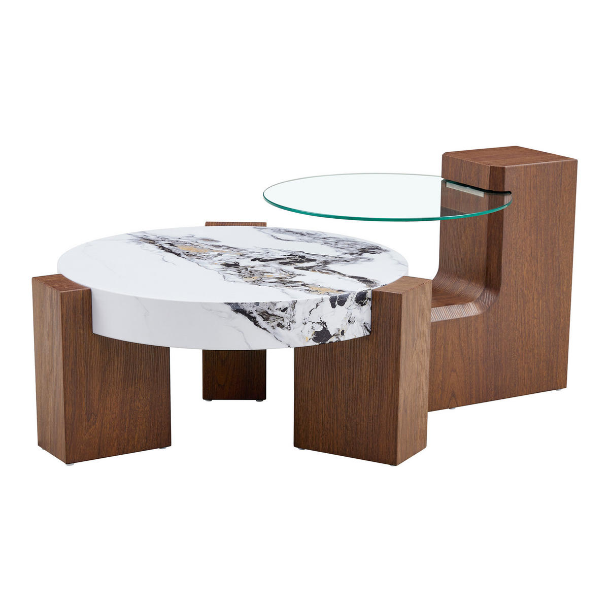 COUCHTISCH-SET 61/30 cm & 44 cm aus MDF und Glas, Nussbaumoptik mit Ablage - Nussbaumfarben, Holzwerkstoff (61/61/30cm) - Flora Grace