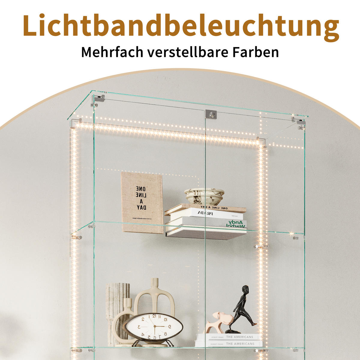 VITRINE 2 Türen, 5 Einlegeböden, LED Band, Glas, modern, mobil, Stauraum optimal - Schwarz, Glas (78.51/186.5/34.5cm) - EuroLiving