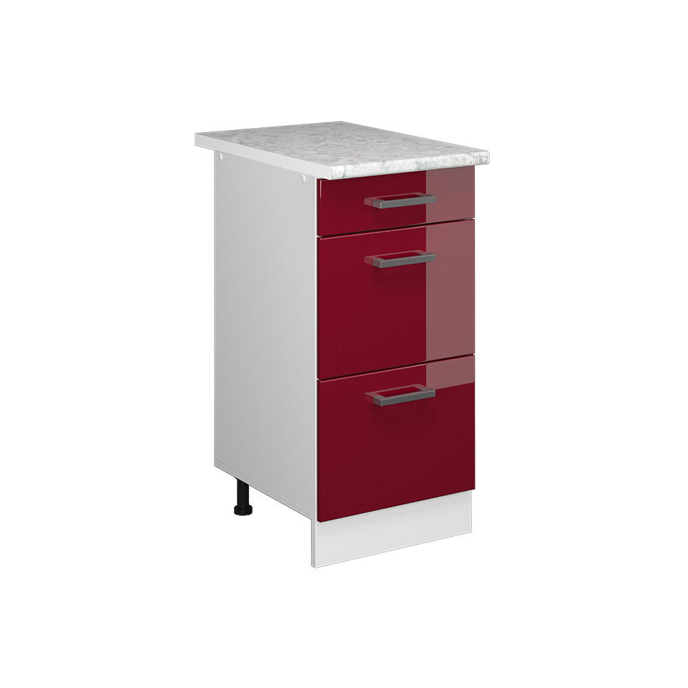 KÜCHENUNTERSCHRANK R-Line Rot Hochglanz 40 cm mit Schubladen, AP Marmor - Bordeaux/Rot, Holzwerkstoff (40/81.6/60cm) - Vicco