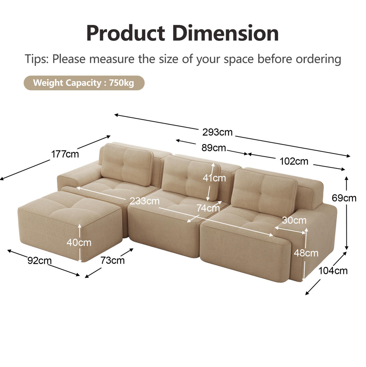 SOFA modular ohne Montage Cord Beige - Beige, Kunststoff (177/293cm) - Meubliv