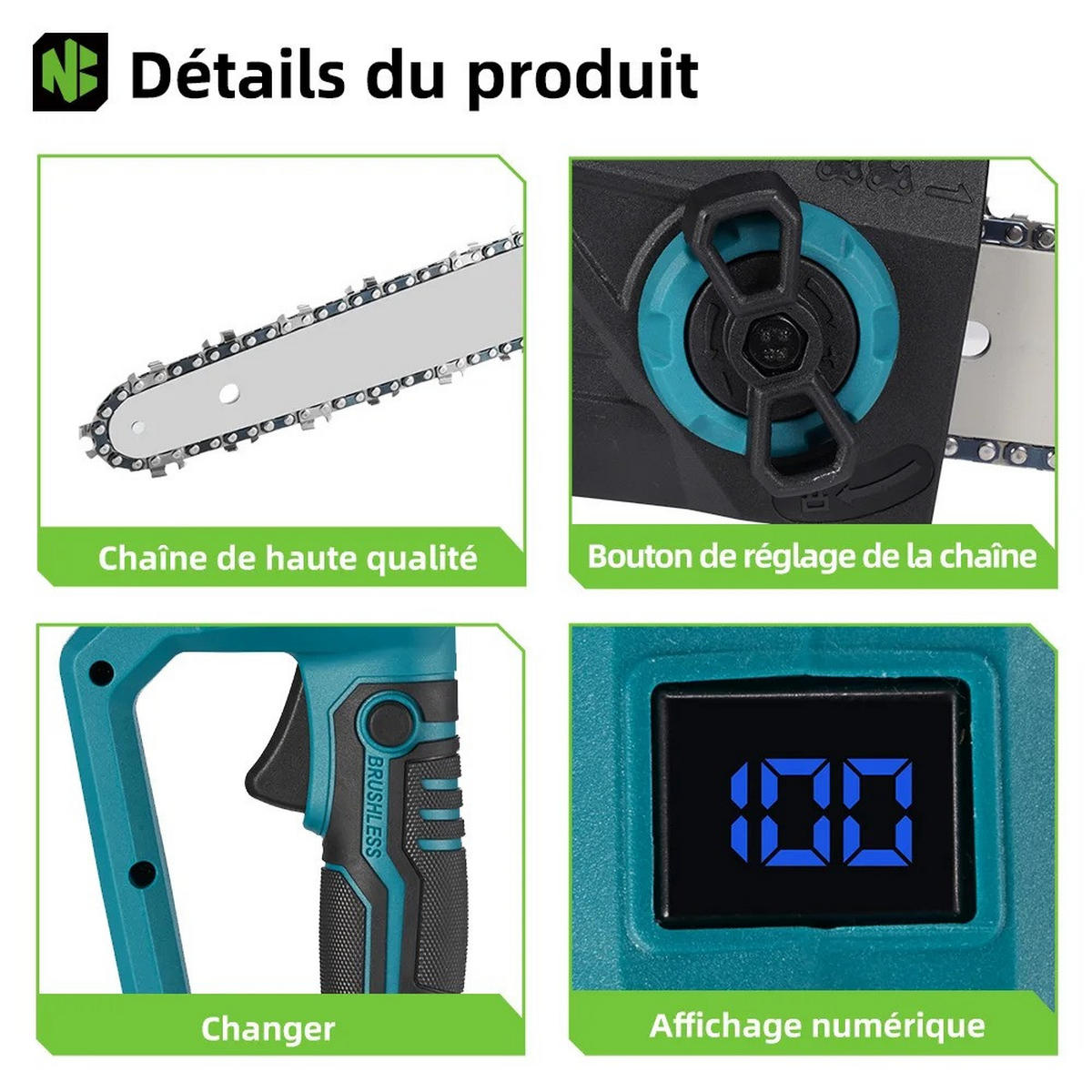 KETTENSÄGE 12-Zoll-bürstenlose elektrische mit LED-Anzeige Mit 2 Batterien - Blau, Metall (16.5/7/63cm) - Coonoor