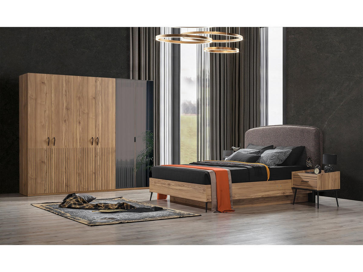 BETTANLAGE CIZGI Schlafzimmer-Set, 4-teilig, Eiche, Bett mit Kopfteil 2 Nachttischen und Kleiderschrank - Eichefarben, Holzwerkstoff (160/200cm)