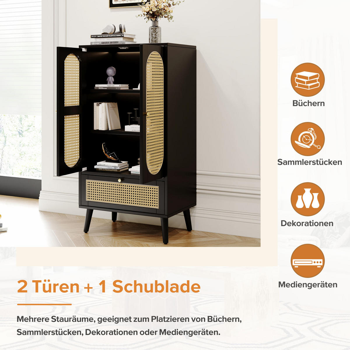 HIGHBOARD Aus Rattan Schwarz 60/40/110,5 cm - Schwarz, Holzwerkstoff/Metall (40/110.5/60cm) - Urban Meuble