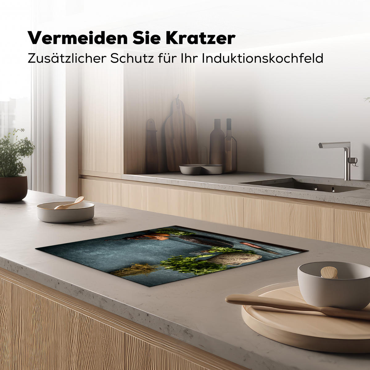 HERABDECKPLATTE - Kräuter - Gewürze - Pfanne - Messer - Grau - Rustikal - 60x50 - Petrol, Kunststoff (60/50/0.2cm) - MuchoWow