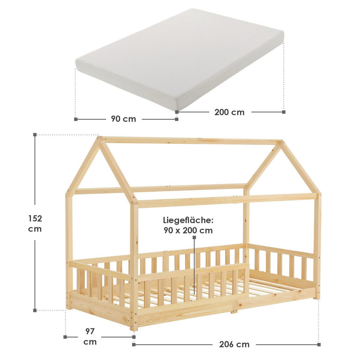 KINDERBETT Marli mit Matratze natur 90x200 cm - Naturfarben, Holz (90/200cm) - Juskys