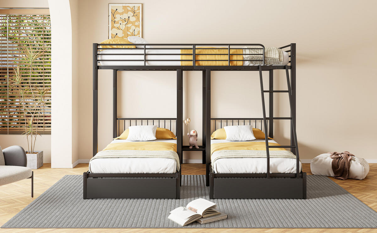 ETAGENBETT 140/90x200 cm 3 Ebenen schwarz - Schwarz, Metall (140/200cm) - LEBENLANG