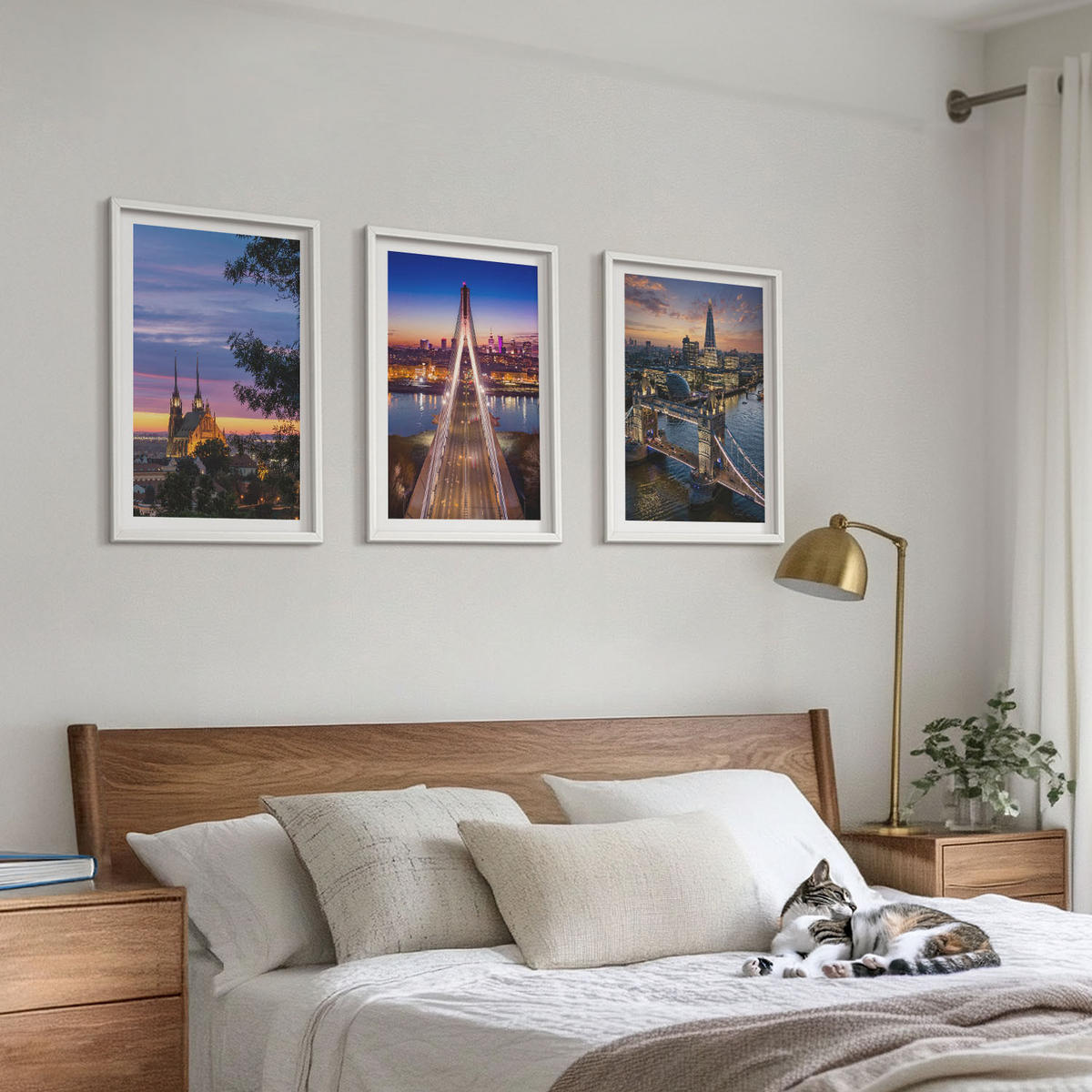 BILDER SET 3er Set - 40x60 cm Weißer Rahmen - Ausblicke auf Brücken und Sonnenuntergänge - Weiß, Kunststoff (40/60cm) - TULUP
