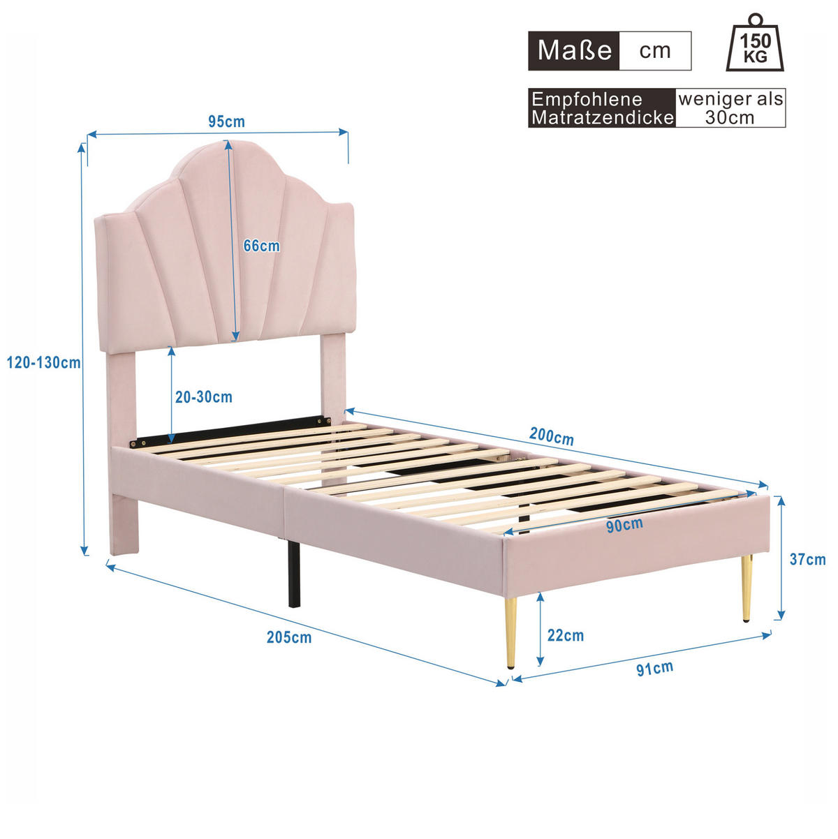 POLSTERBETT 90/200 cm Rosa aus Samt mit verstellbarem Kopfteil - Pink, Textil (90/200cm) - OKMYHOME
