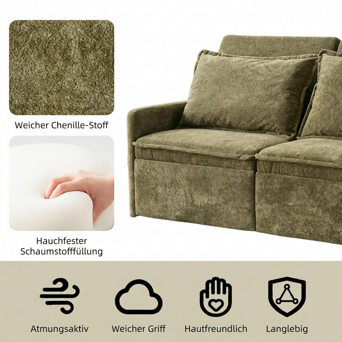 SCHLAFSOFA 172.5/71/95 cm Grün mit USB-Anschluss, 5-fach verstellbarer Rückenlehne und Stauraum - Grün, Textil (71/95/172.5cm) - Oxeza