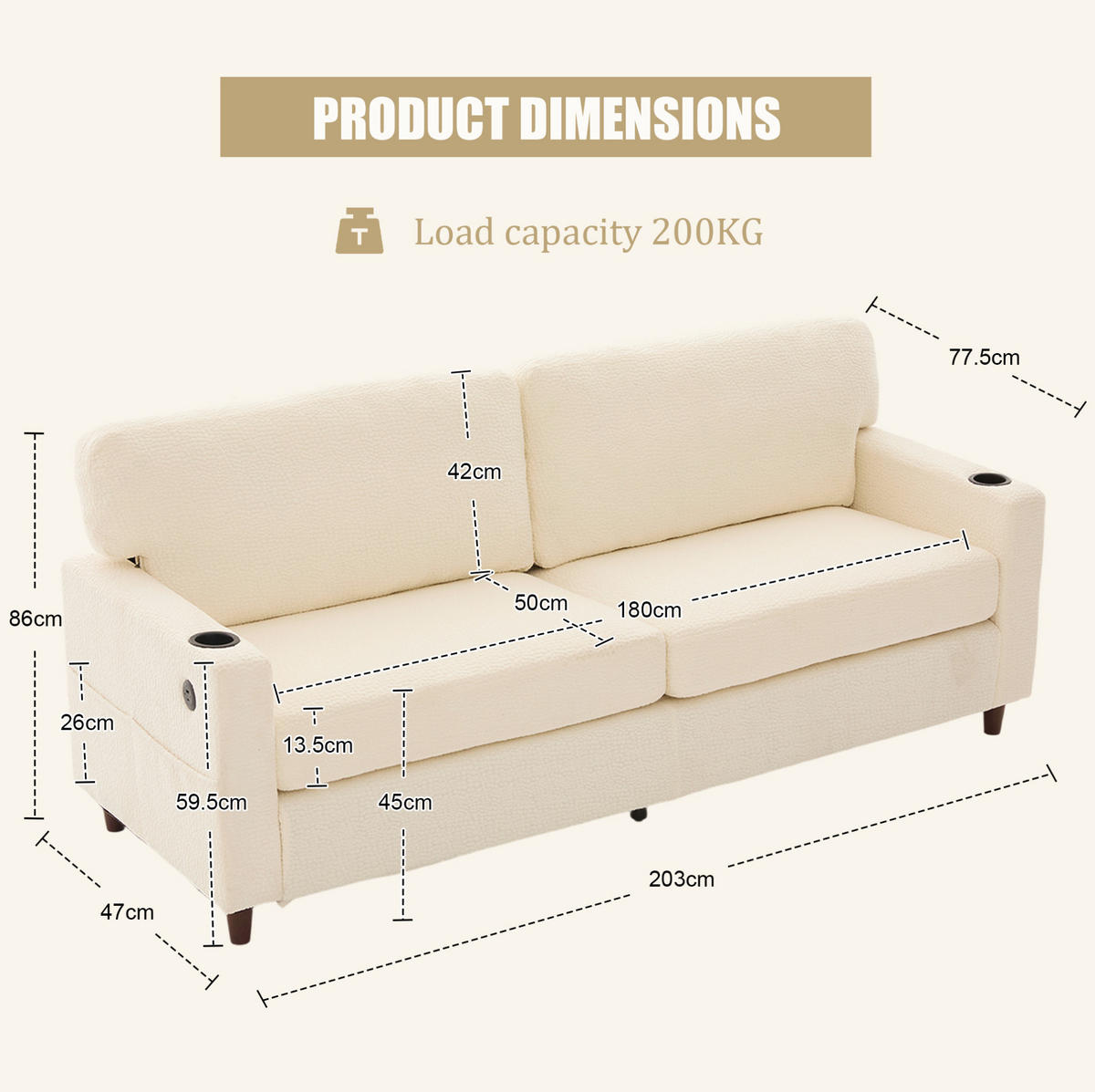 2-SITZER-SOFA aus Chenille 203x77,5x86 cm Beige mit USB-C, LED-Beleuchtung, Getränkehaltern und Seitentaschen - Beige, Textil (77.5/86/203cm) - Modfu