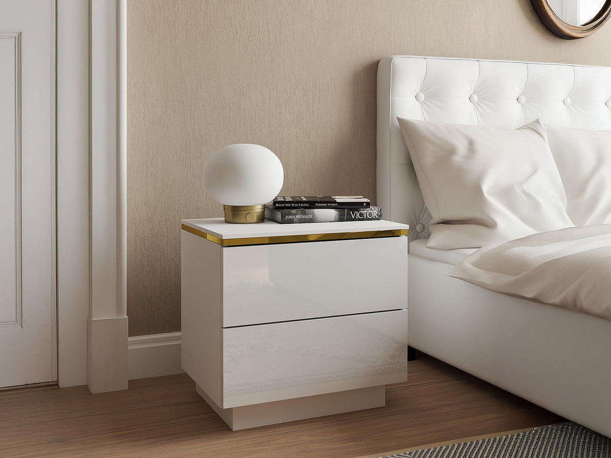 NACHTTISCH mit 2 Schubladen - Weiß glänzend & Goldfarben - VUKIA - Weiß, Holz (36.8/50/50cm) - Pascal Morabito