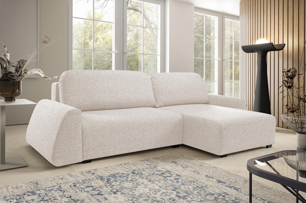ECKSOFA ALMI mit Schlaffunktion, Bettkasten, Wellenfedern, Komfortable Sitzpolsterung, Elegantes Design, Rechte, 160x275 cm, Beige - Beige, Holz/Textil (275/160cm) - DomoHome