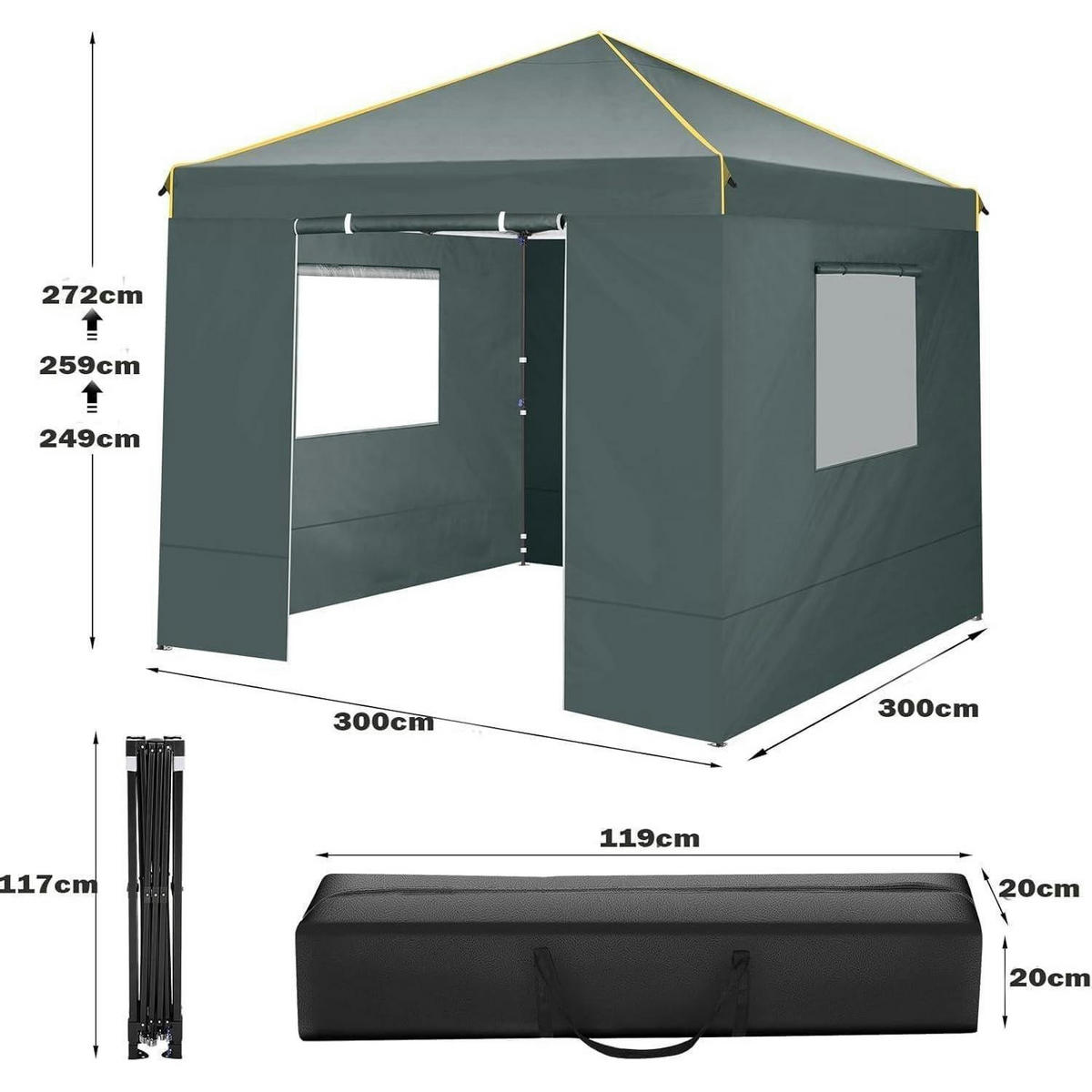 GARTENPAVILLON 3x3m Grau mit 4 Seitenteilen und UV-Schutz - Grau, Textil (300/320/300cm)