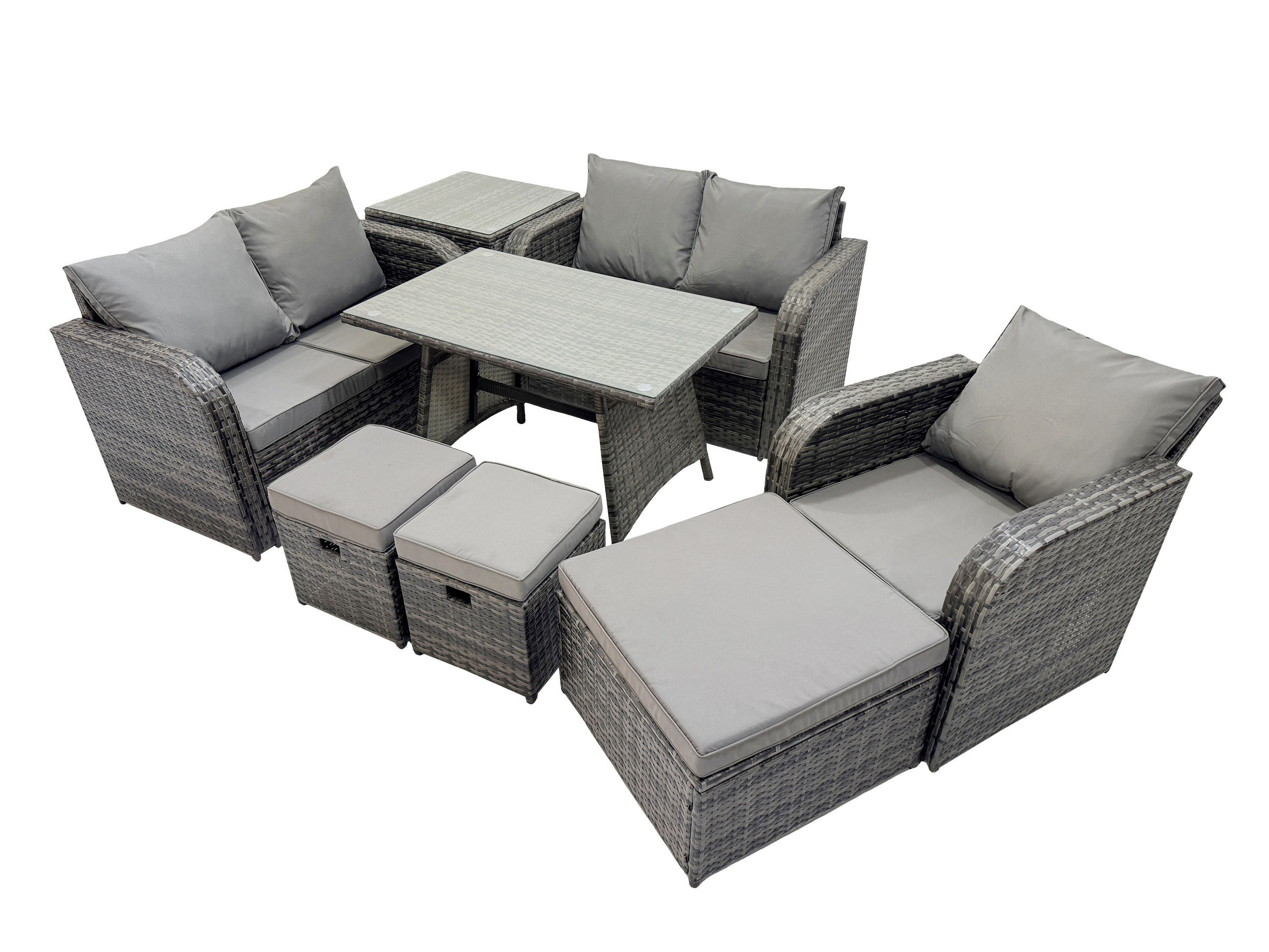 BALKONSET mit ESSTISCH SOFA Polyrattan Dunkelgrau 8-Sitzer - Dunkelgrau/Grau, Glas/Kunststoff - Fimous