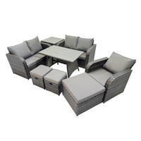 BALKONSET mit ESSTISCH SOFA Polyrattan Dunkelgrau 8-Sitzer - Dunkelgrau/Grau, Glas/Kunststoff - Fimous