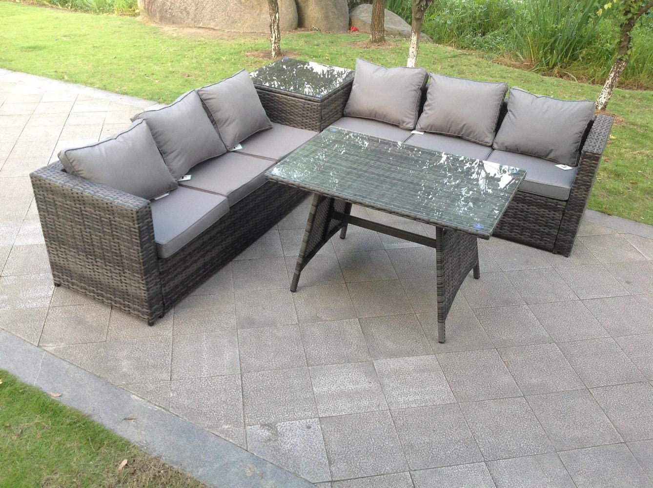 LOUNGESOFA SET mit Esstisch Polyrattan 6-Sitzer - Dunkelgrau/Grau, Glas/Kunststoff - Fimous