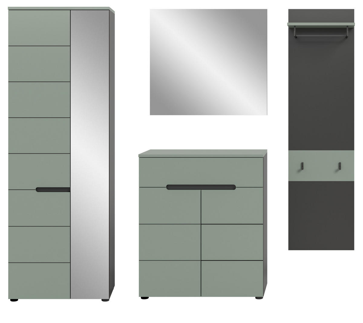 GARDEROBE-SET Salbei und Grau, Garderobe 4-teilig, 220 x 190 cm, Soft-Close, Cooper - Salbeigrün/Dunkelgrau, Holzwerkstoff/Kunststoff (220/190/37cm) - Inn.Furn