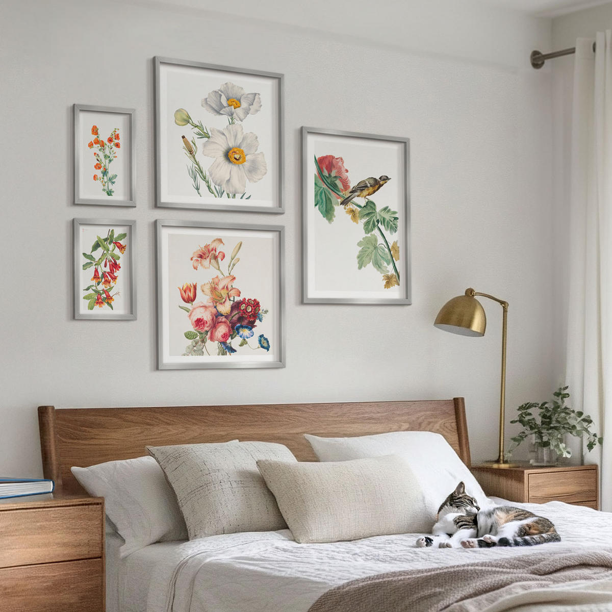 BILDER SET 5er Set - 50x50 cm & 20x30 cm & 40x60 cm Silberner Rahmen - Gemalte Blumen, Retro-Vogel - Silberfarben, Kunststoff (40/60cm) - TULUP