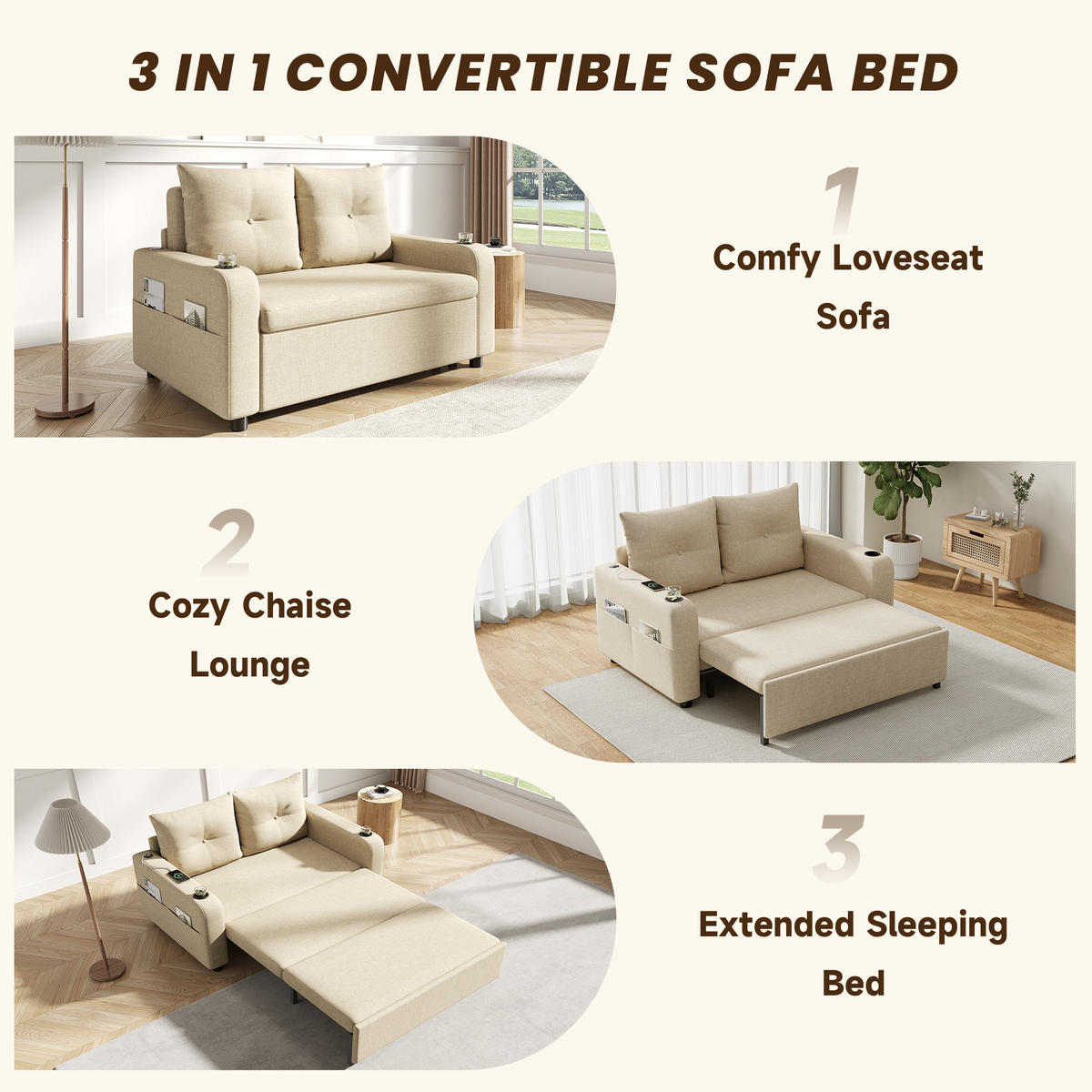 SCHLAFSOFA 3-in-1 mit Getränkehalter, Taschen und USB, Beige - Beige, Textil (131/94/81cm)