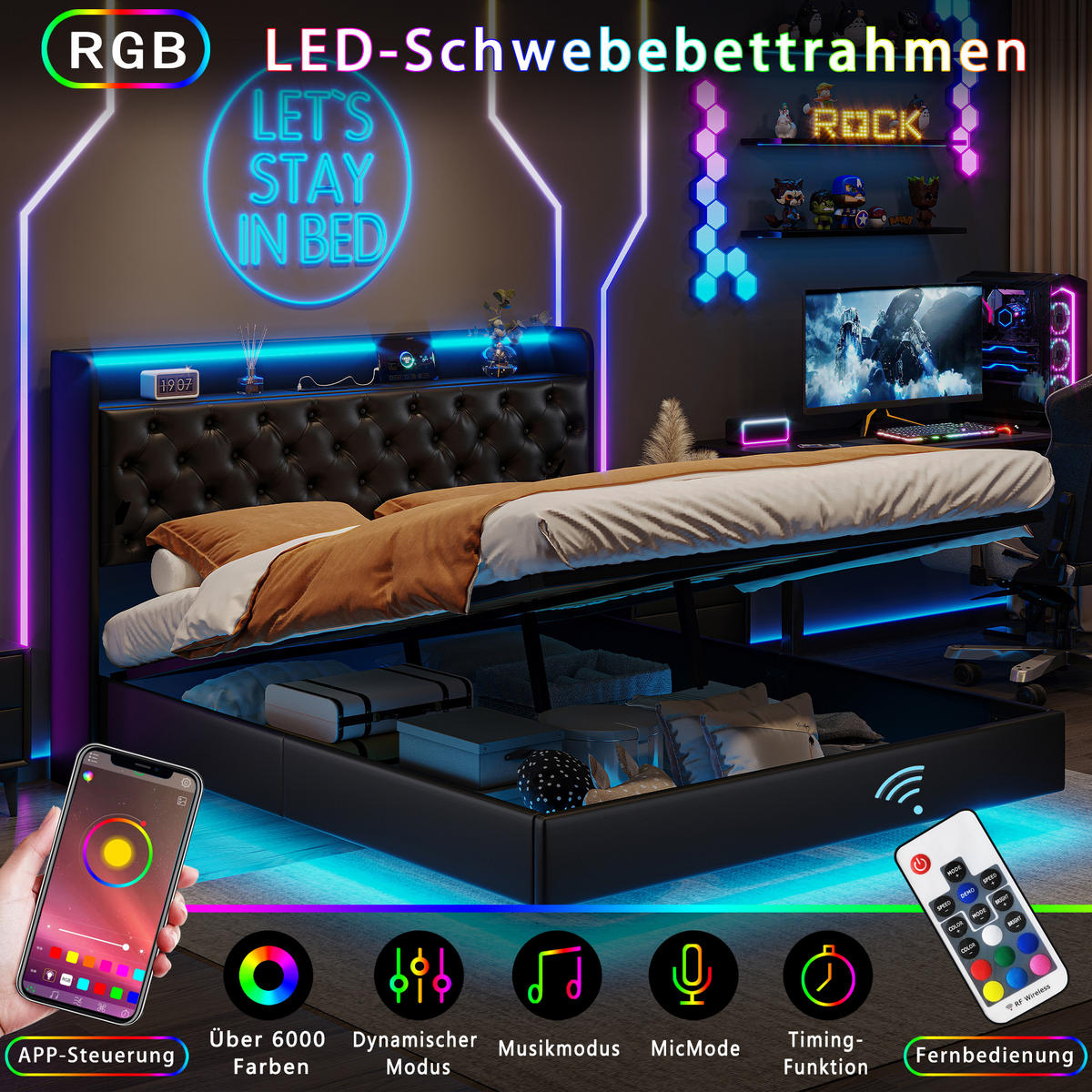 POLSTERBETT 160x200 cm Schwarz PU LED USB Stauraum - Schwarz, Metall (160/200cm) - SHOPENTRA