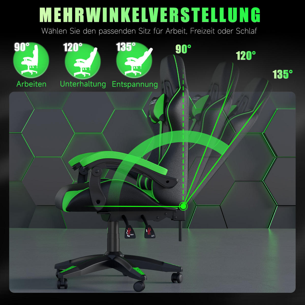 GAMINGSTUHL Schwarz-Grün ergonomisch - Grün, Leder (29/59/79cm) - Rattrix