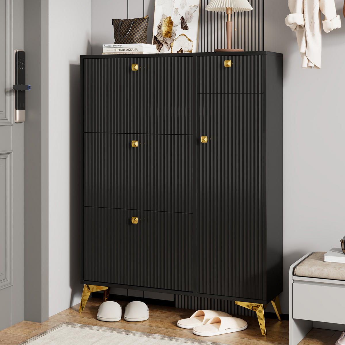 SCHUHSCHRANK Schwarz 3 Klappen Schublade Tür 90x25x121cm - Schwarz, Holzwerkstoff (25/121/90cm) - FLIEKS