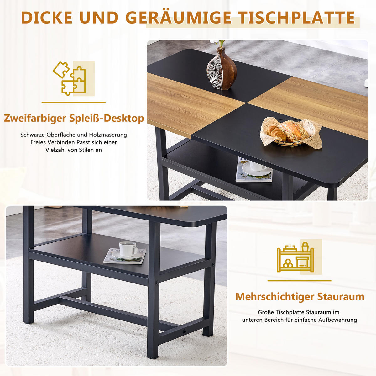 ESSTISCH 160/90/76 cm mit Ablagefach und kratzfester Tischplatte aus MDF und Metall, Schwarz/Holzfarben - Schwarz, Holzwerkstoff (160/90/76cm) - Redom