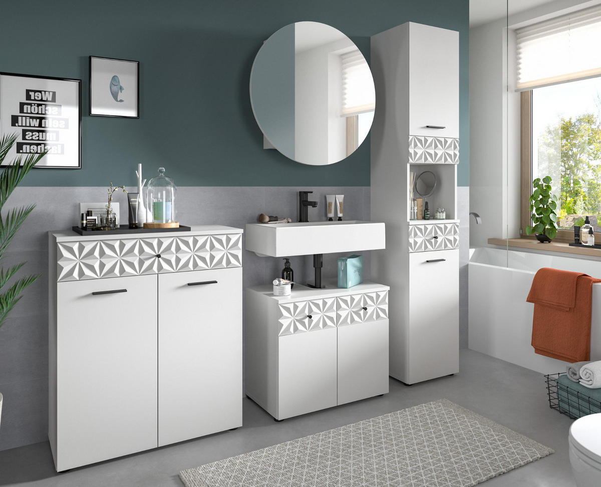 BADMÖBEL-SET weiß Hochglanz 3-teilig 120 cm, Komplettset mit 3D-Struktur - Weiß Hochglanz, Glas/Holzwerkstoff (195/187/37cm) - Inn.Furn