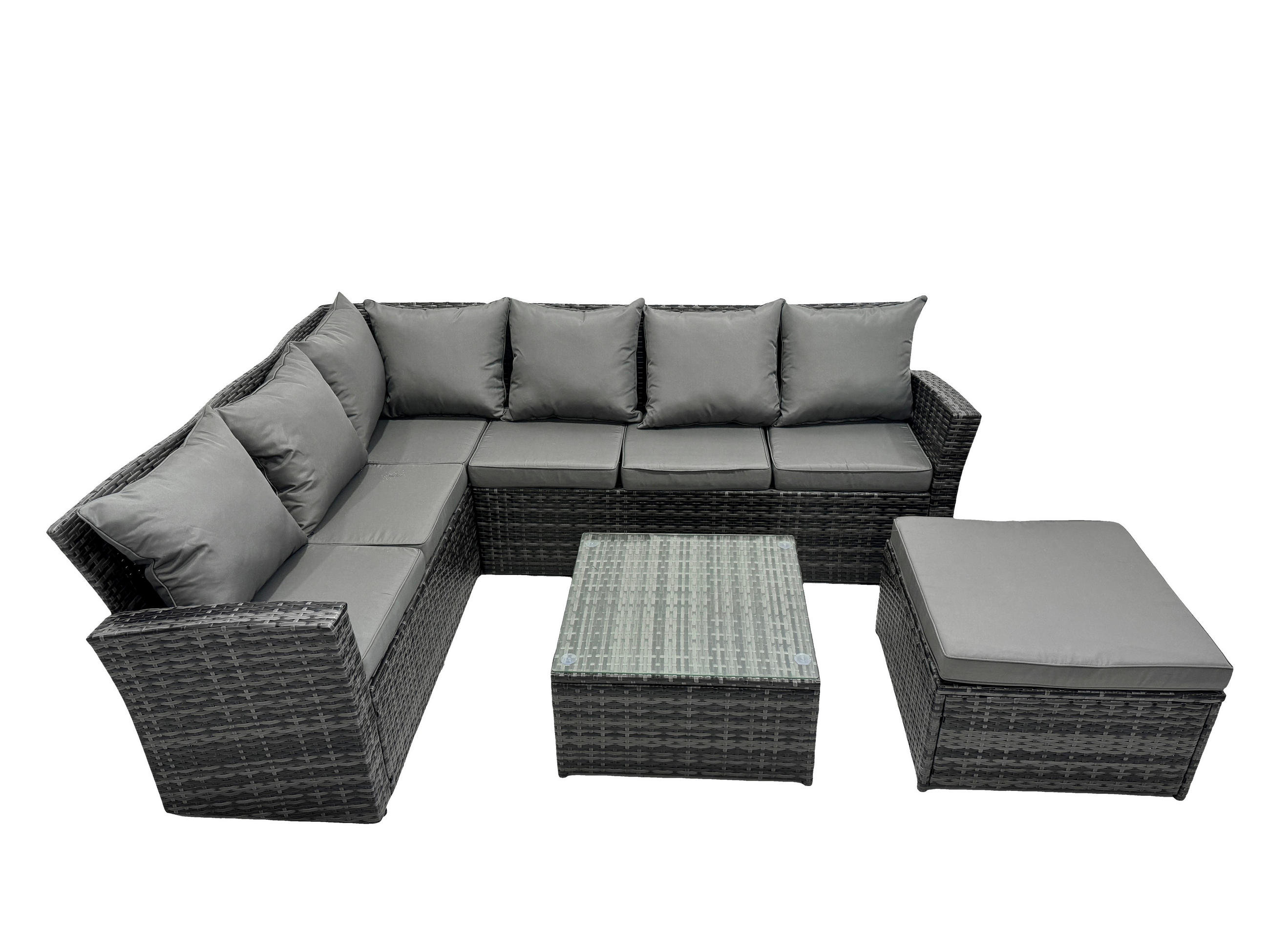 BALKONMÖBEL-SETS mit Ecksofa,Quadratischer Couchtisch,2 Sesseln Polyrattan Dunkelgrau 6-Sitzer - Dunkelgrau/Grau, Glas/Kunststoff - Fimous