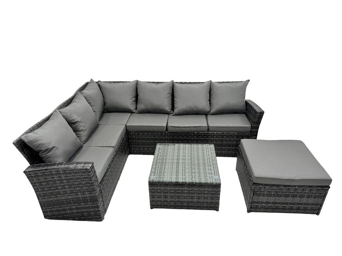 BALKONMÖBEL-SETS mit Ecksofa,Quadratischer Couchtisch,2 Sesseln Polyrattan Dunkelgrau 6-Sitzer - Dunkelgrau/Grau, Glas/Kunststoff - Fimous