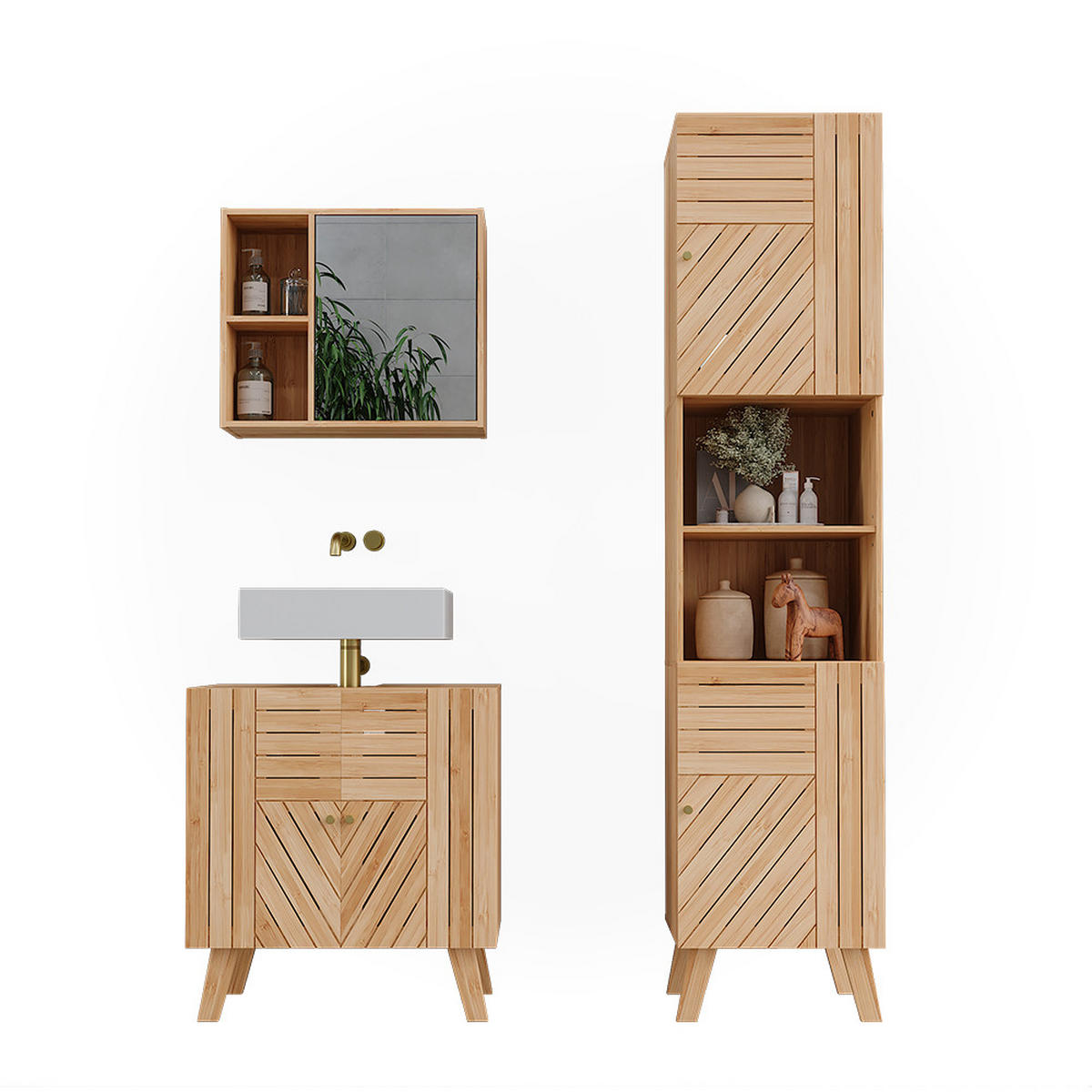 BADMÖBEL-SET Lucie Bambus 3 Teile, mit Hochschrank - Grün, Holzwerkstoff (60/65/36cm) - Vicco