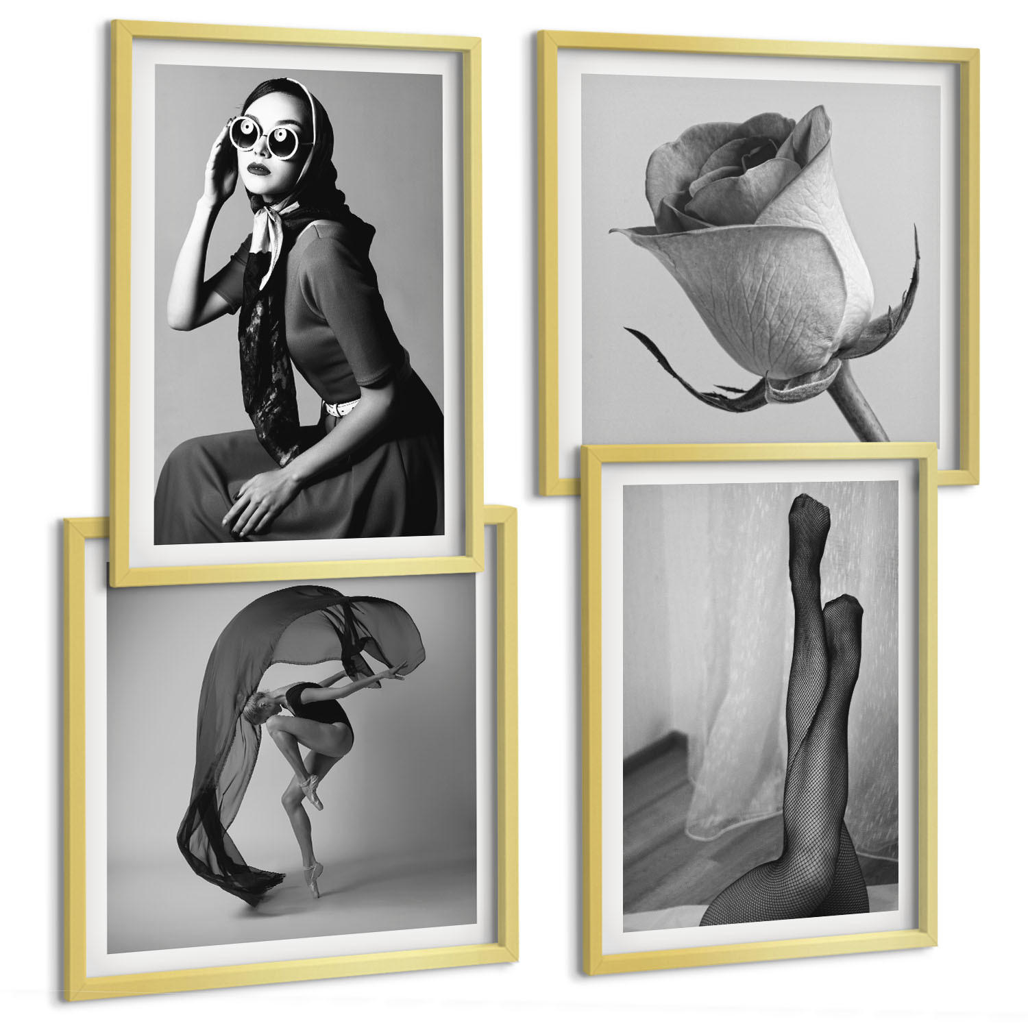 BILDER SET 4er Set - 50x50 cm & 40x60 cm Goldrahmen - Stilvolle Porträts eleganter Frauen - Goldfarben, Kunststoff (50/50cm) - TULUP